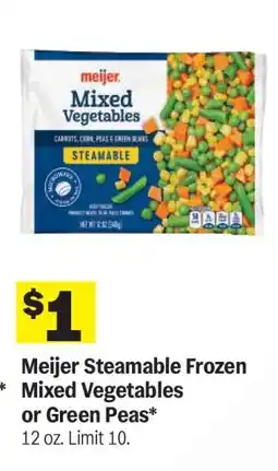 Meijer Meijer Steamable Frozen Mixed Vegetables or Green Peas offer