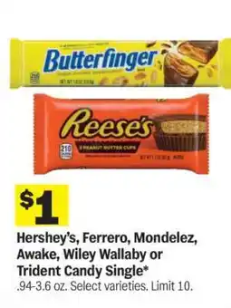 Meijer Hershey’s, Ferrero, Mondelez, Awake, Wiley Wallaby or Trident Candy Single offer
