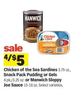 Meijer Chicken of the Sea Sardines, Snack Pack Pudding or Gels, Manwich Sloppy Joe Sauce offer