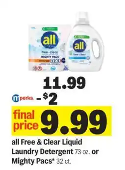 Meijer all Free & Clear Liquid Laundry Detergent or Mighty Pacs offer