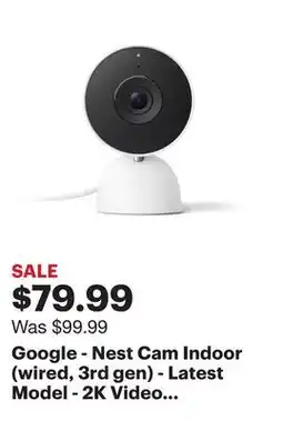 Best Buy Google - Nest Cam Indoor (wired, 3rd gen) - Latest Model - 2K Video and Gemini - Snow offer