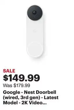 Best Buy Google - Nest Doorbell (wired, 3rd gen) - Latest Model - 2K Video and Gemini - Snow offer