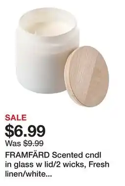 Ikea FRAMFÄRD Scented cndl in glass w lid/2 wicks, Fresh linen/white frosted glass, 70 hr offer