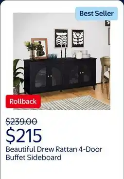 Walmart Beautiful Drew Rattan 4-Door Buffet Sideboard by Drew Barrymore, 2 Adjustable Shelves, Black Finish offer