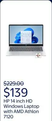 Walmart HP 14 inch HD Windows Laptop AMD Athlon 7120 4GB RAM 128GB UFS Moonlight Blue offer
