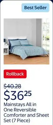 Walmart Mainstays All in One Reversible Comforter and Sheet Set- 7 Piece, Queen, Blue Pinstripe offer