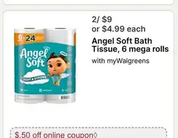 Walgreens Angel Soft Bath Tissue, 6 mega rolls offer