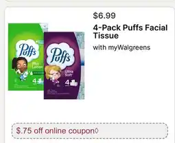 Walgreens 4-Pack Puffs Facial Tissue offer