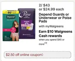 Walgreens Depend Guards or Underwear or Poise Pads offer