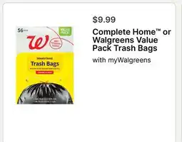 Walgreens Complete Home or Walgreens Value Pack Trash Bags offer