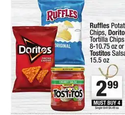 Super King Markets Ruffles Potato Chips, Doritos Tortilla Chips 8-10.75 oz or Tostitos Salsa 15.5 oz offer