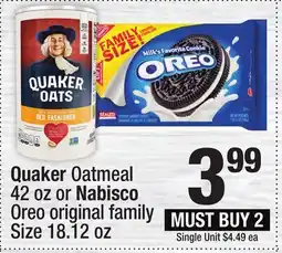 Super King Markets Quaker Oatmeal 42 oz or Nabisco Oreo original family Size 18.12 oz offer
