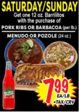 Superior Grocers PORK RIBS OR BARBACOA (per lb.), MENUDO OR POZOLE (24 oz.) offer