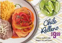 Vallarta Supermarkets Cheese stuffed chile pepper, rice and beans offer