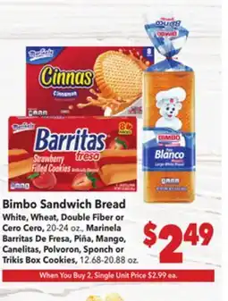 Vallarta Supermarkets Bimbo Sandwich Bread White, Wheat, Double Fiber or Cero Cero offer