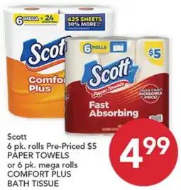Pete's Fresh Market Scott PAPER TOWELS 6 pk. rolls Pre-Priced $5 or COMFORT PLUS BATH TISSUE 6 pk. mega rolls offer
