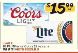 Winn Dixie 18 Pk Miller or Coors 12 oz cans offer