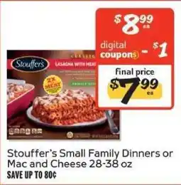 Winn Dixie Stouffer's Small Family Dinners or Mac and Cheese 28-38 oz offer