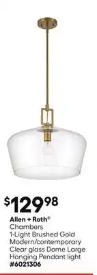 Lowe's Chambers 1-Light Brushed Gold Modern/contemporary Clear glass Dome Large Hanging Pendant light offer