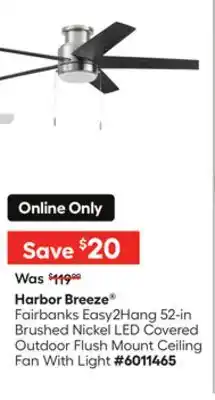 Lowe's Fairbanks Easy2Hang 52-in Brushed NickelLED Covered Outdoor Flush Mount Ceiling Fan With Light offer