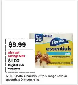 CVS Charmin Ultra 6 mega rolls or essentials 9 mega rolls offer