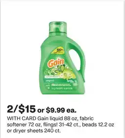 CVS Gain liquid 88 oz, fabric softener 72 oz, flings! 31-42 ct., beads 12.2 oz or dryer sheets 240 ct offer