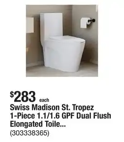 The Home Depot Swiss Madison St. Tropez 1-Piece 1.1/1.6 GPF Dual Flush Elongated Toilet in Glossy White offer
