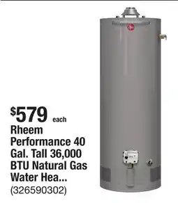 The Home Depot Rheem Performance 40 Gal. Tall 36,000 BTU Natural Gas Water Heater with 6-Year Warranty offer