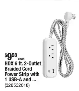 The Home Depot HDX 6 ft. 2-Outlet Braided Cord Power Strip with 1 USB-A and 1 USB-C, White offer