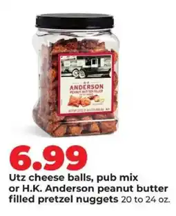 Hy-Vee Utz cheese balls, pub mix or H.K. Anderson peanut butter filled pretzel nuggets offer