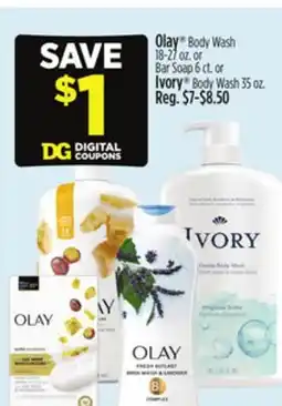 Dollar General Olay Body Wash 18-27 oz., Bar Soap 6 ct. or Ivory Body Wash 35 oz offer