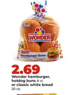 Hy-Vee Wonder hamburger, hotdog buns 8 ct. or classic white bread 20 oz offer