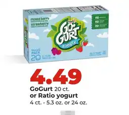 Hy-Vee GoGurt 20 ct. or Ratio yogurt 4 ct.-5.3 oz. or 24 oz offer