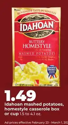 Hy-Vee Idahoan mashed potatoes, homestyle casserole box or cup offer