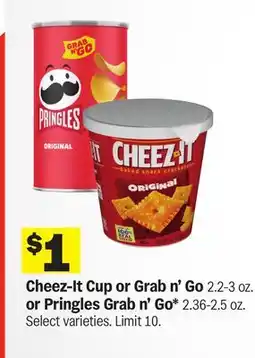 Meijer Cheez-It Cup or Grab n'Go 2.2-3 oz. or Pringles Grab n' Go* 2.36-2.5 oz offer