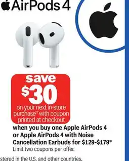 Meijer Apple AirPods 4 or Apple AirPods 4 with Noise Cancellation Earbuds offer