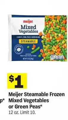 Meijer Meijer Steamable Frozen Mixed Vegetables or Green Peas offer