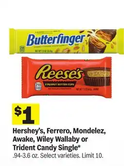 Meijer Hershey's, Ferrero, Mondelez, Awake, Wiley Wallaby or Trident Candy Single offer