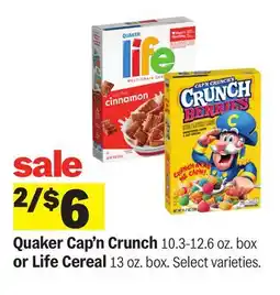 Meijer Quaker Cap'n Crunch 10.3-12.6 oz. box or Life Cereal 13 oz. box offer