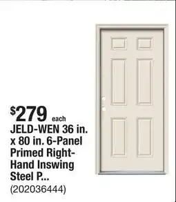 The Home Depot JELD-WEN 36 in. x 80 in. 6-Panel Primed Right-Hand Inswing Steel Prehung Front Door w/Brickmould offer