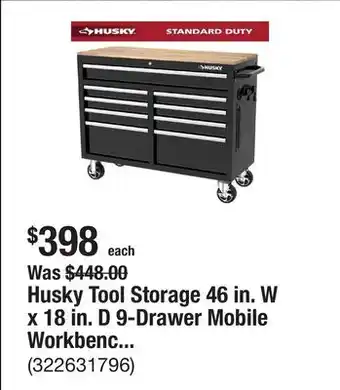 The Home Depot Husky Tool Storage 46 in. W x 18 in. D 9-Drawer Mobile Workbench Cabinet in Gloss Black offer