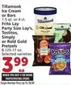 Albertsons Tillamook ice cream or bars frito lay party size lays tostitos Simply or Rold Gold Pretzels offer