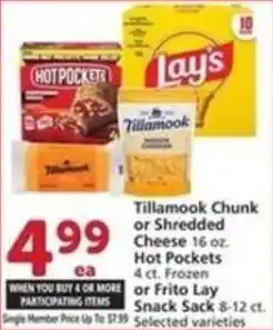Albertsons Tillamook Chunk or Shredded Cheese Hot Pockets or Frito Lay Snack offer