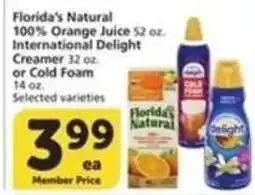 Albertsons Floridas Natural 100% Orange Juice International Delight Creamer or Cold Foam offer