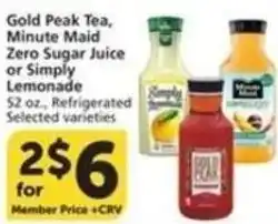 Albertsons Gold Peak Tea Minute Maid Zero Sugar Juice or Simply Lemonade offer