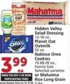 Albertsons Hidden valley salad dressing planet oat oatmilk nabisco oreo cookies or mahatma rice long grain offer