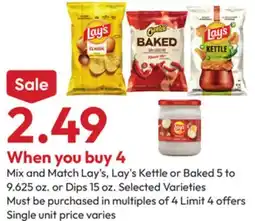 Stater Bros Lay's, Lay's Kettle or Baked 5 to 9.625 oz. or Dips 15 oz offer