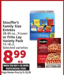 Albertsons Stouffer's Family Size Entrées 28-40 oz., Frozen or Frito Lay Variety Pack 15-18 ct offer