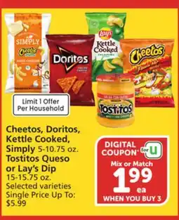 Albertsons Cheetos, Doritos, Kettle Cooked, Simply 5-10.75 oz. Tostitos Queso or Lay's Dip 15-15.75 oz offer