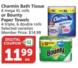 Albertsons Charmin Bath Tissue 6 mega XL rolls or Bounty Paper Towels 4 triple, 6 double rolls offer